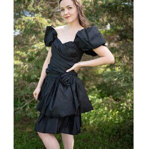 Vintage 80s Positively Ellyn Black Pouf Cocktail Dress Detachable Sleeves XS/S